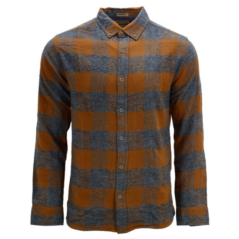 Free Nature-Plaid Flannel Button-Up Shirt - Orange and Gray, Size XL